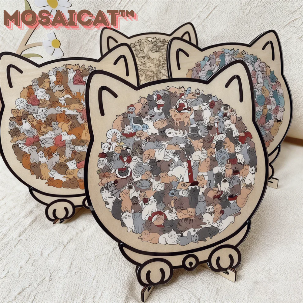 MosaiCat™ | Et kunstnerisk træpuslespil med katte i hver brik
